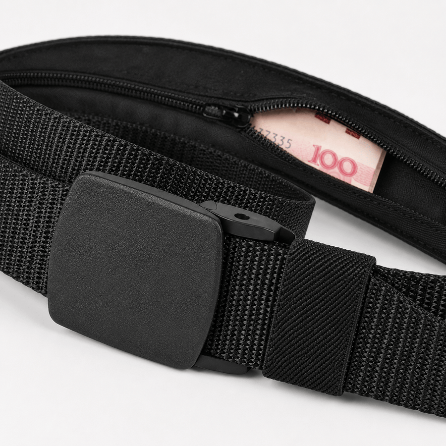 Ceinture cache-billets voyage noir mise en scène