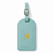 Etiquette bagage cuir bleu ciel