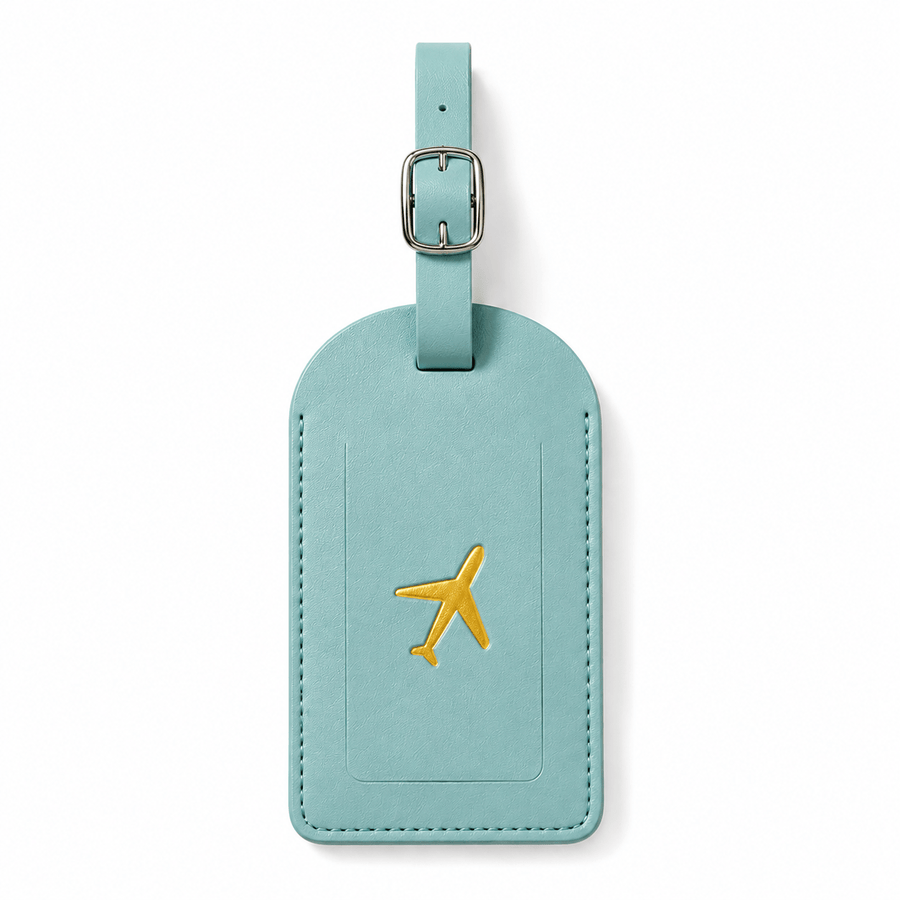 Etiquette bagage cuir bleu ciel