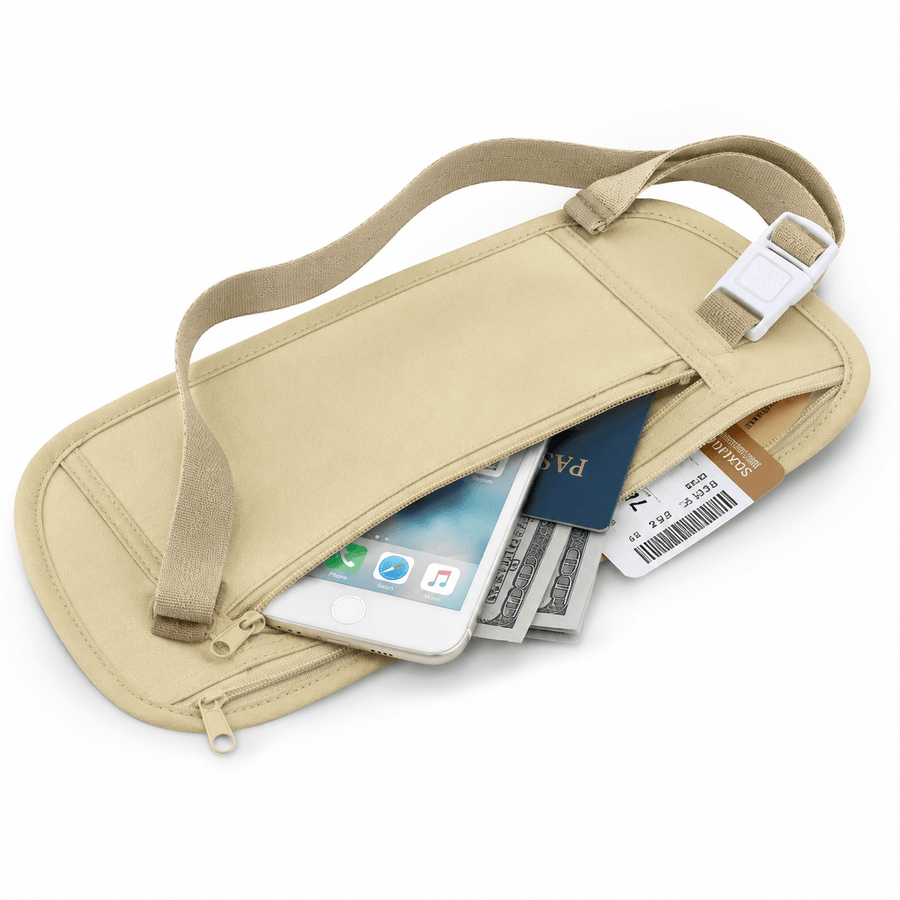 Pochette invisible de voyage beige mise en scène
