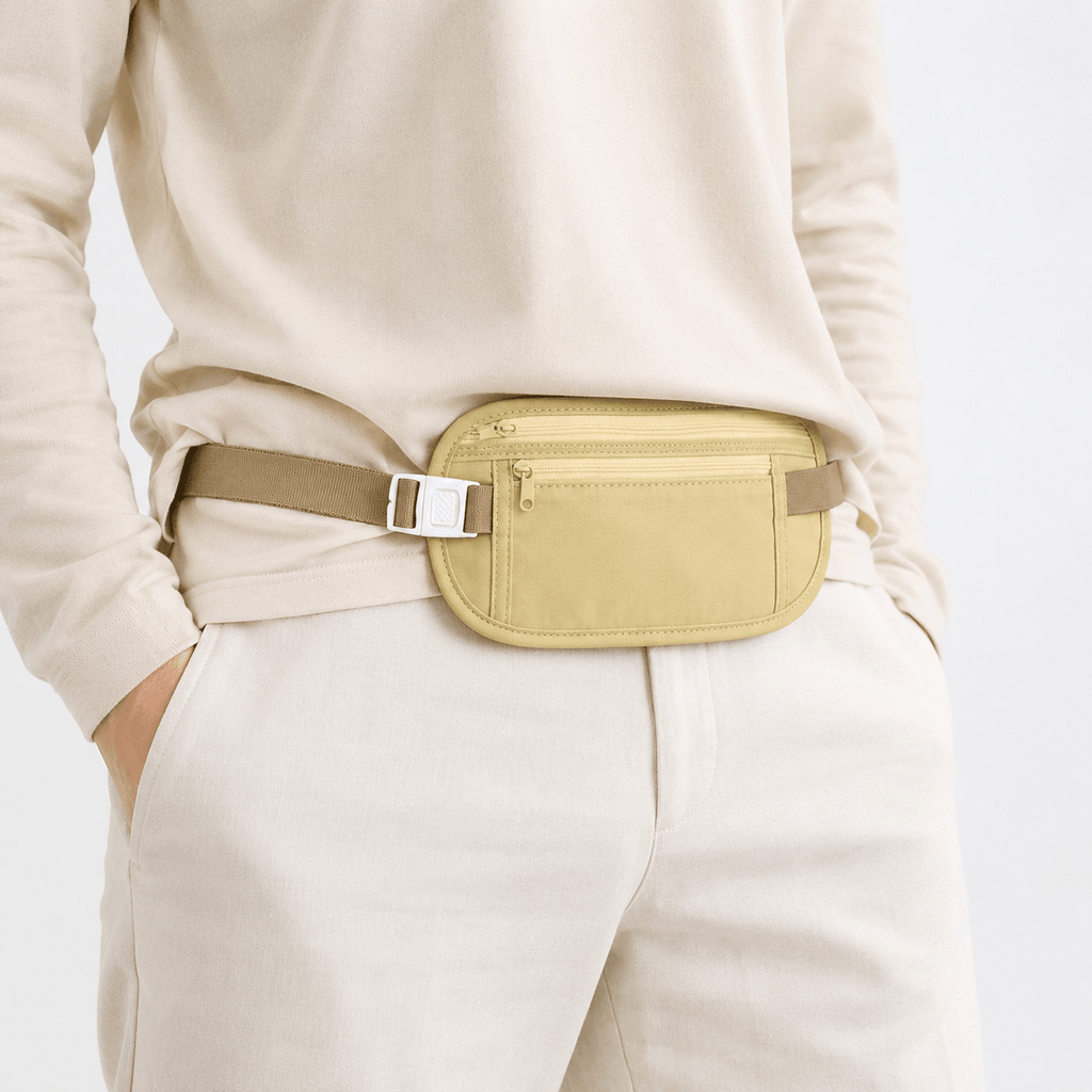 Pochette invisible de voyage beige portée