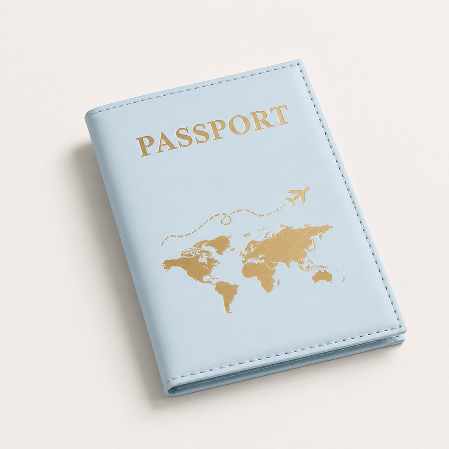 Porte-passeport motif carte du monde bleu