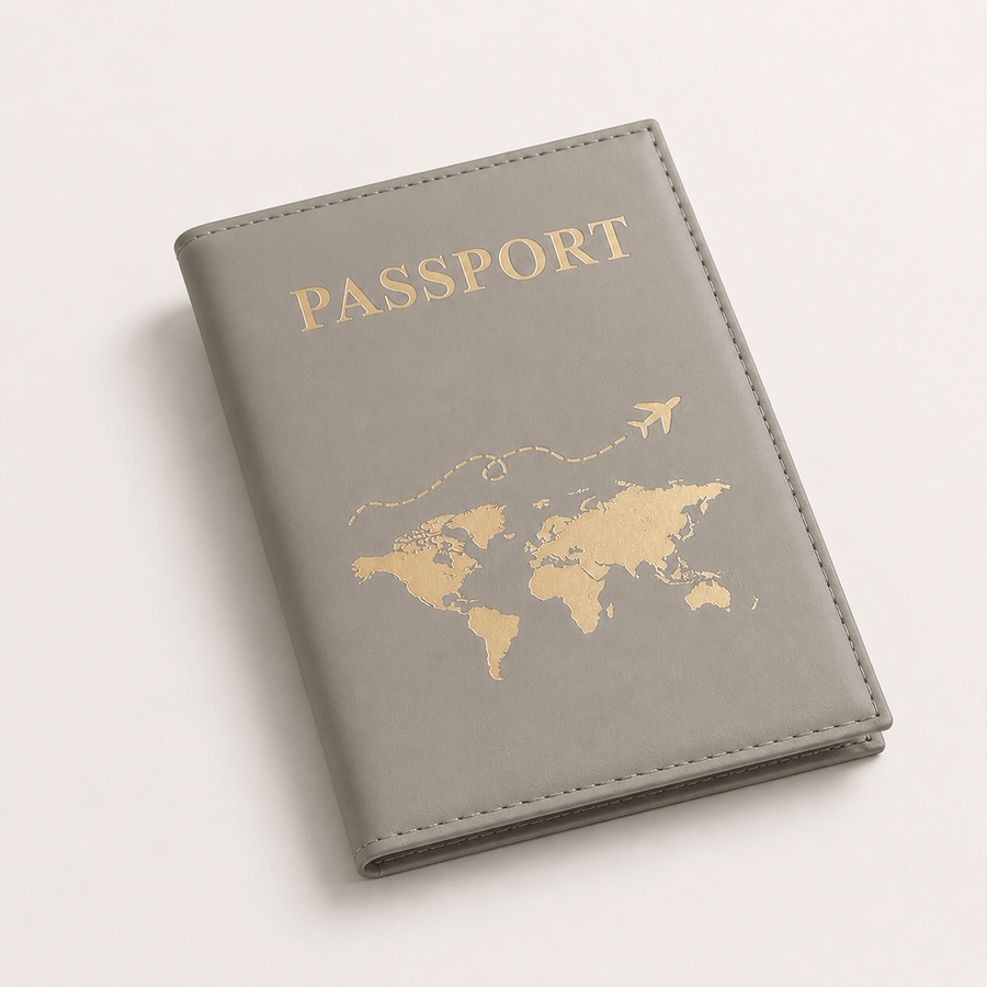 Porte-passeport motif carte du monde gris