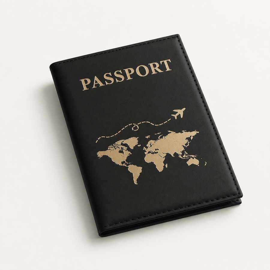 Porte-passeport motif carte du monde noir