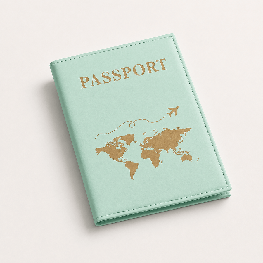 Porte-passeport motif carte du monde vert