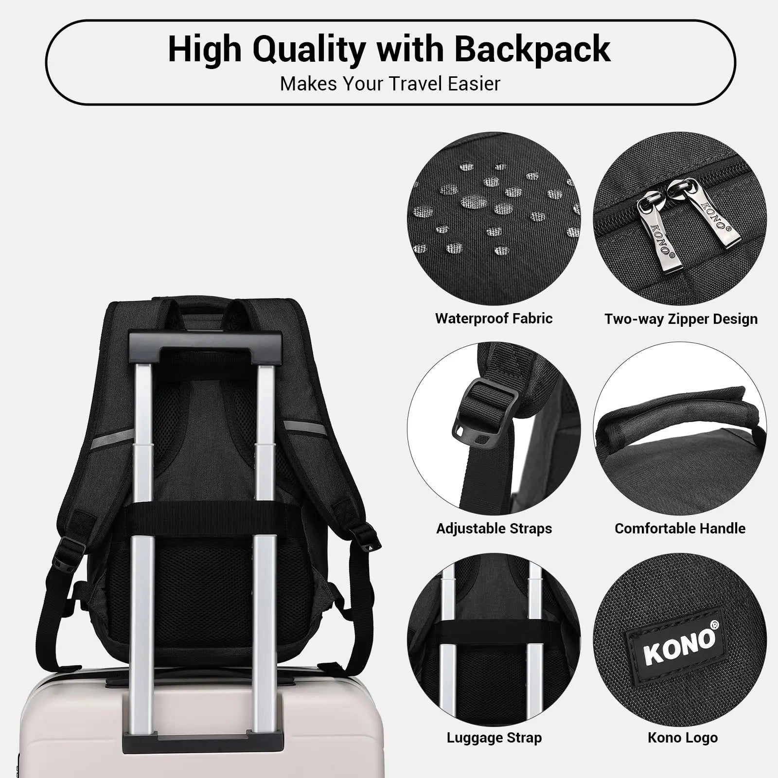 Kono Cabin bag 40x20x25 cm for Ryanair Under Seat hand luggage Backpack, Cabin Size 20L Black Minimalist Boutique Voyage