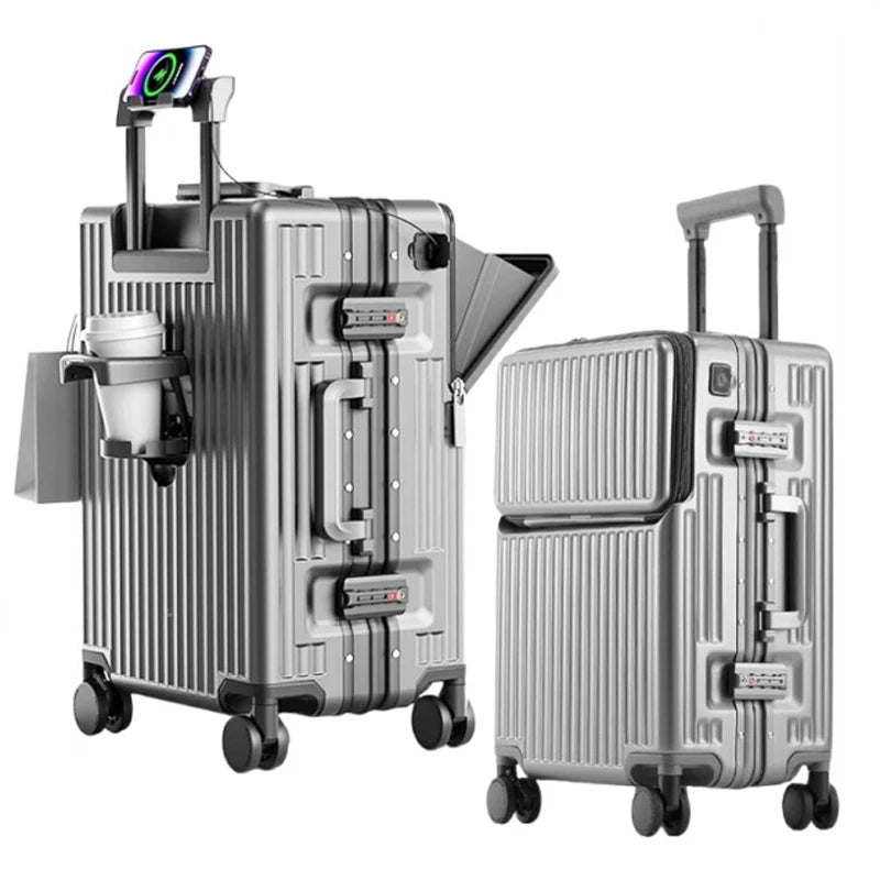 Suitcases Luggage Front Opening Cabin Luggage with USB Cup Holder Female Trolley Case Male Brake Wheel Traveling Bag Luggage Boutique Voyage