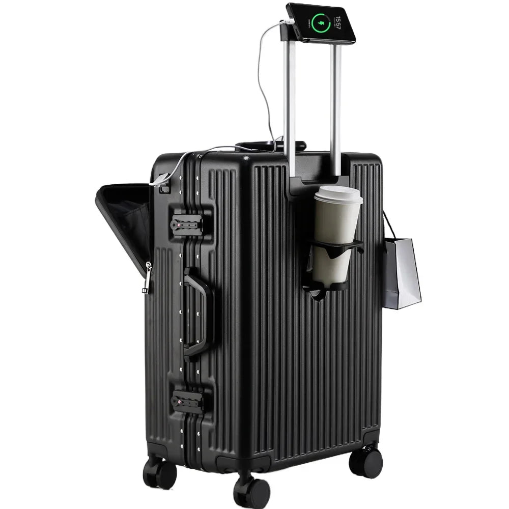 Suitcases Luggage Front Opening Cabin Luggage with USB Cup Holder Female Trolley Case Male Brake Wheel Traveling Bag Luggage Boutique Voyage