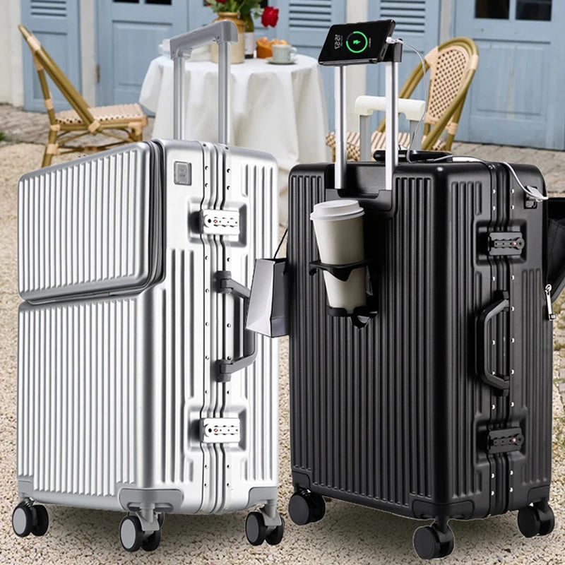 Suitcases Luggage Front Opening Cabin Luggage with USB Cup Holder Female Trolley Case Male Brake Wheel Traveling Bag Luggage Boutique Voyage
