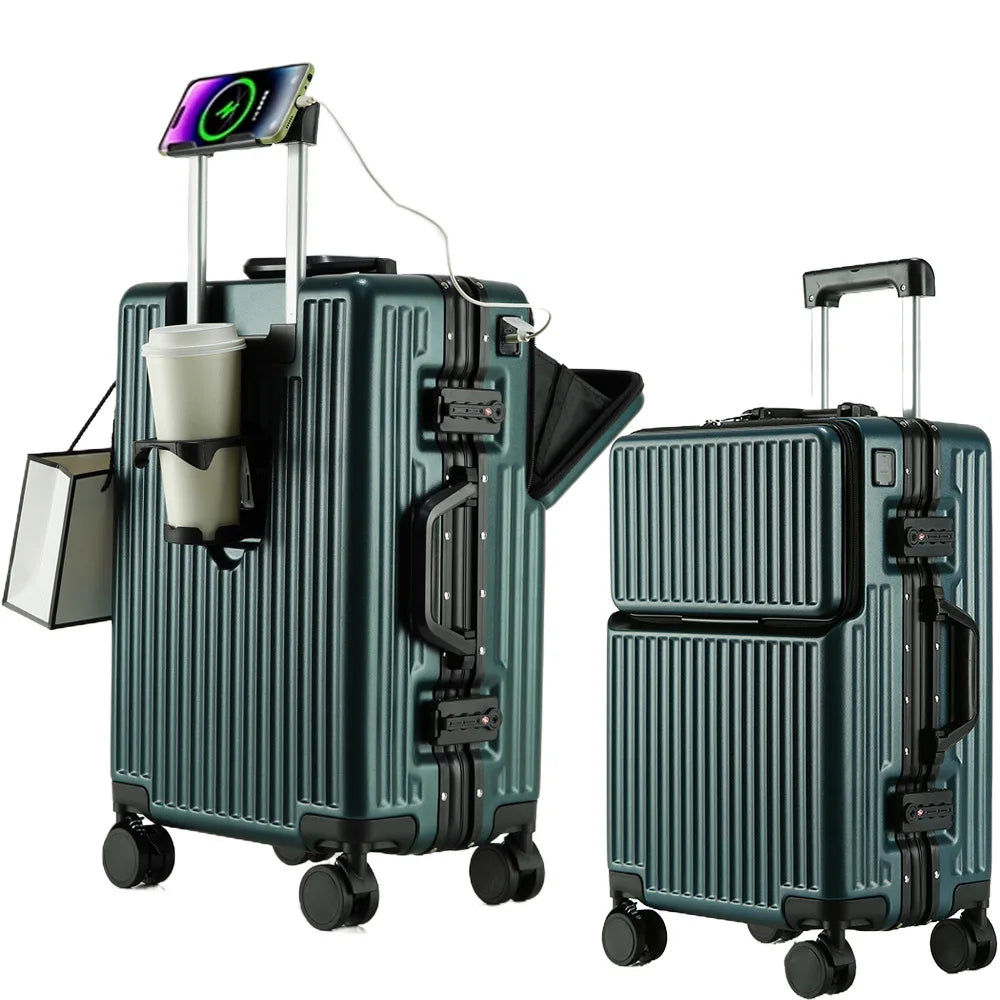 Suitcases Luggage Front Opening Cabin Luggage with USB Cup Holder Female Trolley Case Male Brake Wheel Traveling Bag Luggage Boutique Voyage