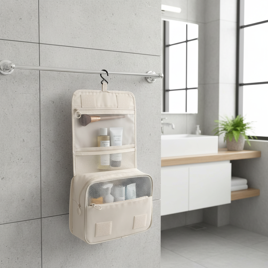 Trousse suspendue dans salle de bain