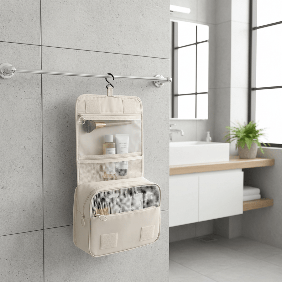 Trousse suspendue dans salle de bain